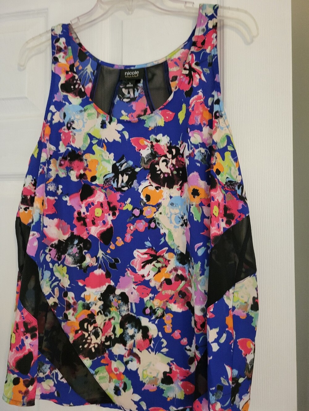 NWOT NICOLE Royal Blue Multicolor Floral Mesh-Trim Tank